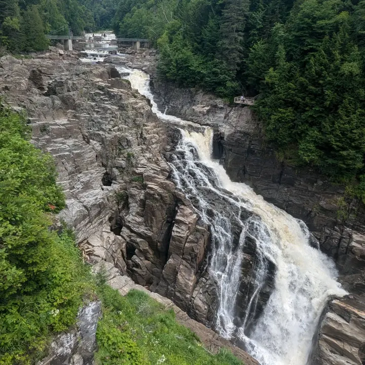 Water cascades through a steep rocky gorge surrounded by forest, beneath a footbridge upstream.